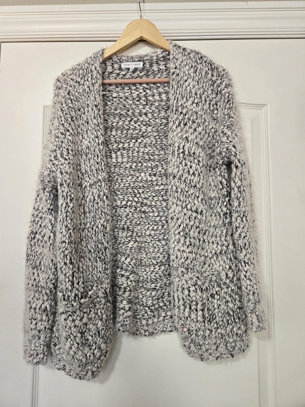 Woven Heart Black and White Marled Open Cardigan Chunky Knit Fuzzy Cozy